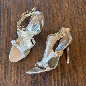 Guess Y2K Gold Stiletto Open Toe Heels Metallic Champagne Strappy Party Heel